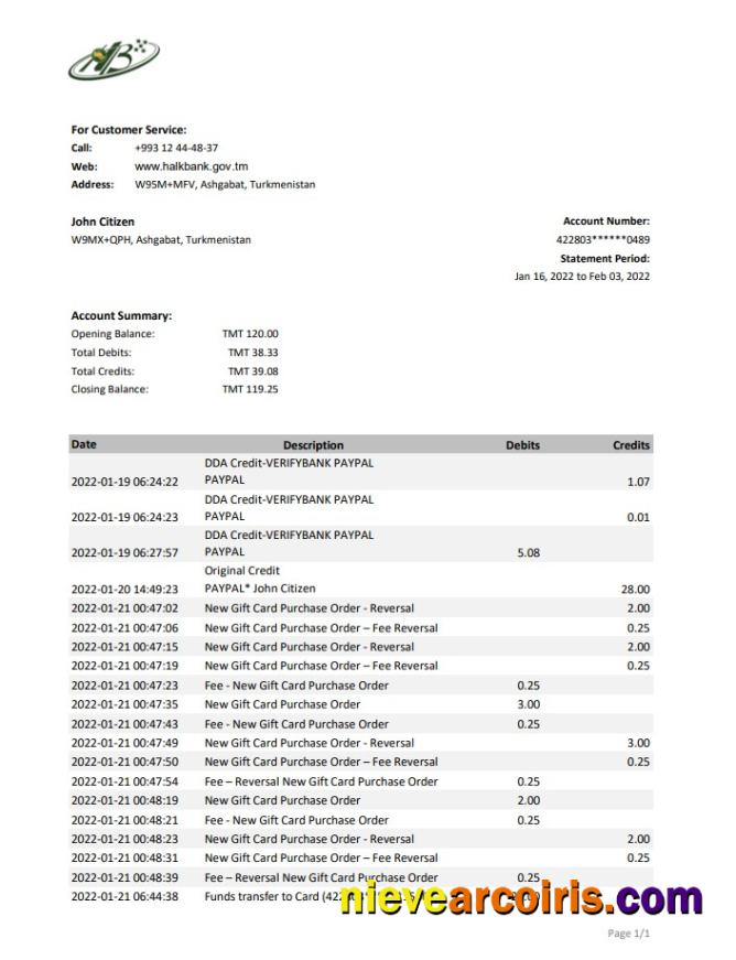 Turkmenistan HalkBank bank statement, Excel and PDF